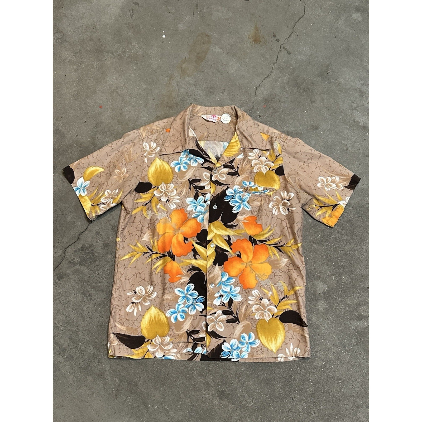 Vintage 60s Sears Hawaiian Shirt Cotton Brown Floral Batik Size M 42/44" Aloha